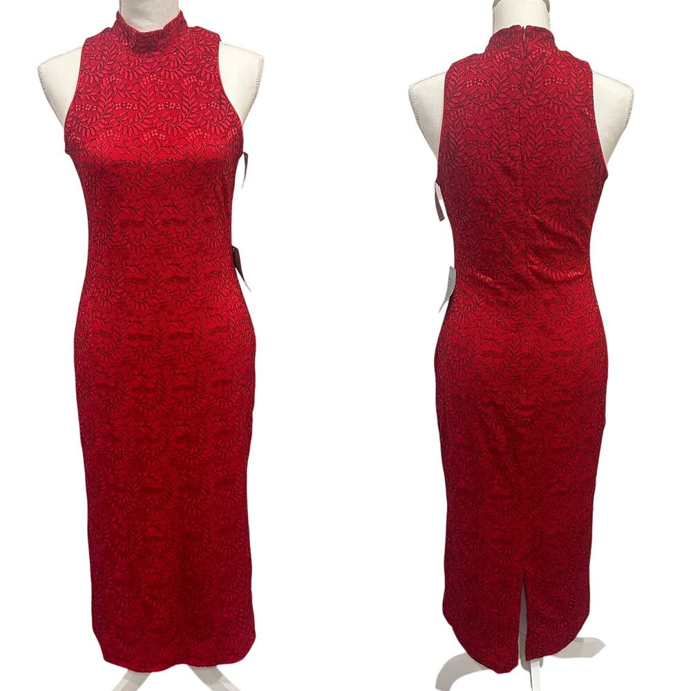 Dress the Population Nora‎ Lace Halter Midi Dress Red Black NWT Large Cocktail